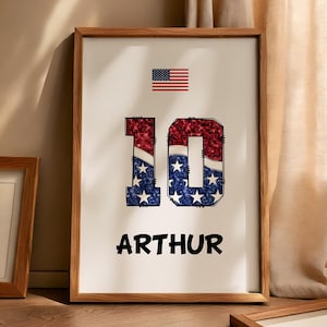 Póster personalizable con la bandera de EE. UU. y letras brillantes. Arte mural deportivo patriótico personalizable para niños, adolescentes y salas de juegos. Decoración del orgullo estadounidense.