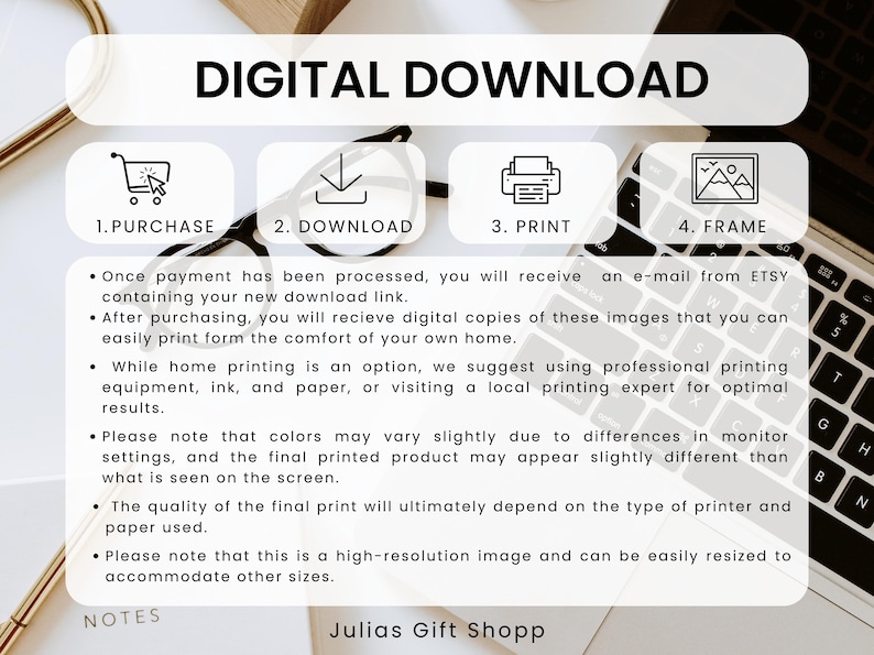 May include: Digital download instructions with four steps: purchase, download, print, and frame. The text also includes information about the quality of the print and how to resize the image.