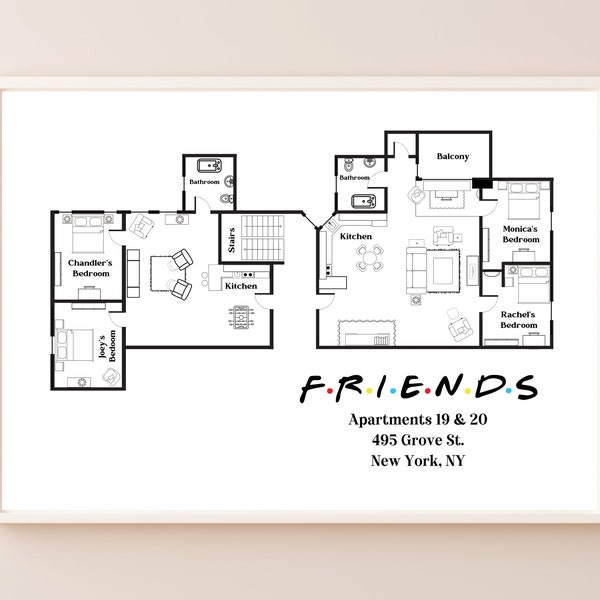 Plan d'étage de l'appartement d'amis | Chandler et Joey | Monica et Rachel | Plan des appartements de Friends | Télévision Plan d'étage | Décoration minimaliste