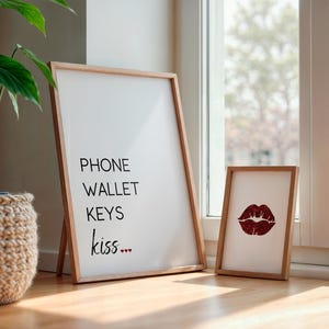 Chaves de carteira de telefone Kiss | Arte de parede de entrada | Lista de verificação da porta da frente | Arte de parede para impressão | Arte de parede de entrada elegante | Casas românticas