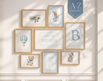 Blue Gingham Boy Nursery Gallery Wall Set: Vintage Teddy Bear & Transportation Prints, Letter Art