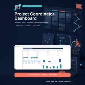 Può includere: Un modello digitale di dashboard per coordinatore di progetto su sfondo blu scuro con icone 3D di calendario, roadmap e orologio. Il display centrale mostra un'interfaccia di foglio di calcolo Excel con tabelle e grafici, con testo che include 4 EXCEL FILES, 10 SHEETS e ITALIAN + ENGLISH.