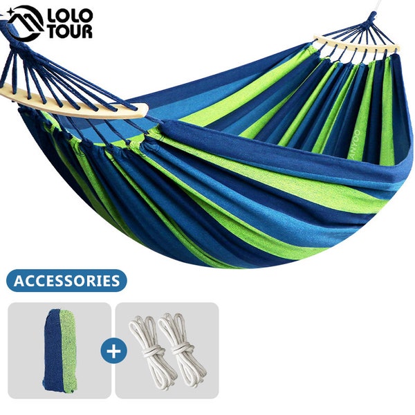250*150cm 2 People Outdoor Canvas Camping Hammock Bend Wood Stick steady Hamak Garden Park Swing Hanging Chair Hangmat Blue Red