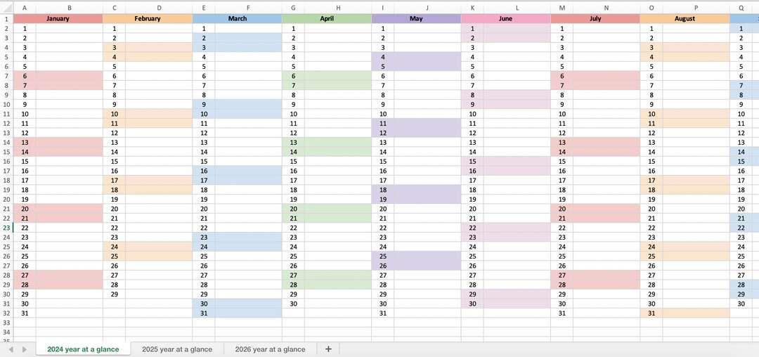 Year at A Glance Calendar 2025 2025 2026 excel Etsy