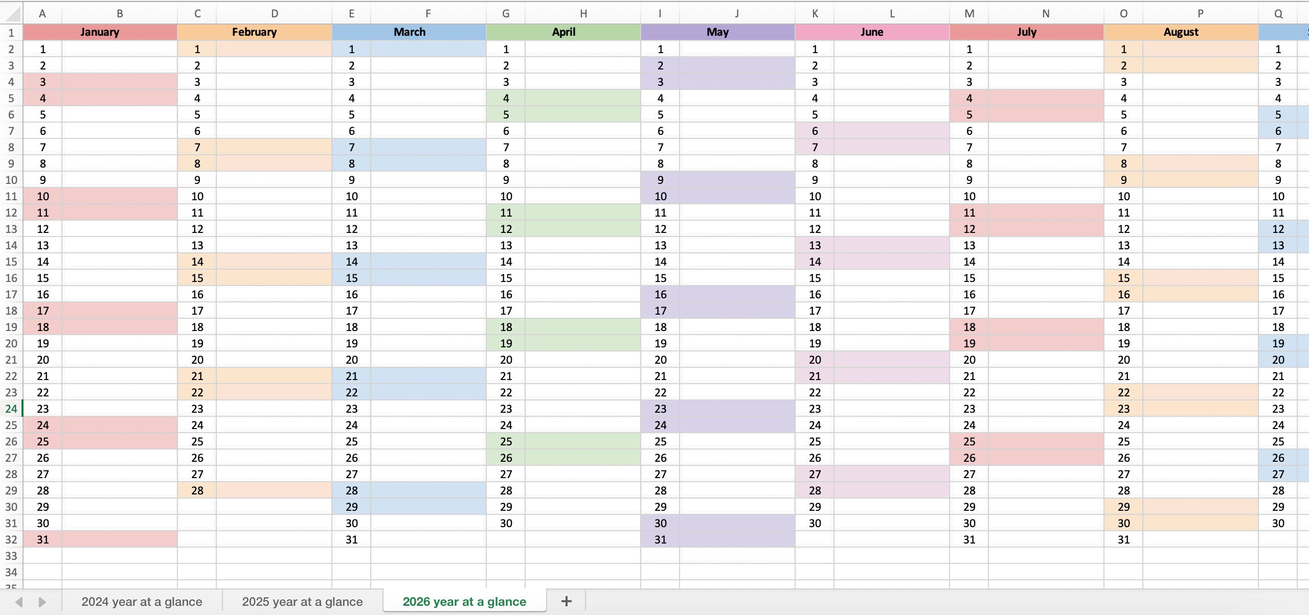 Year at A Glance Calendar 2025 2025 2026 excel Etsy