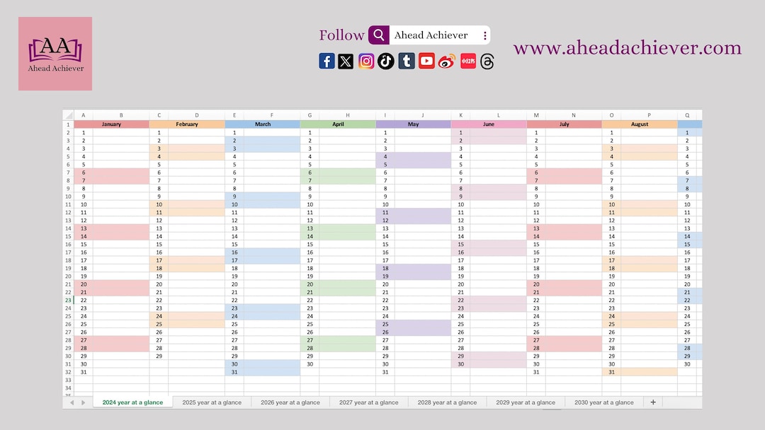 Year at A Glance Calendar 2024, 2025, 2026, 2027, 2028, 2029, 2030 excel Etsy