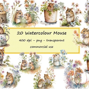 20 Watercolour Mouse & Flower Digital Images Clipart Transparent PNG Commercial Use Instant Download Cute Woodland Mice