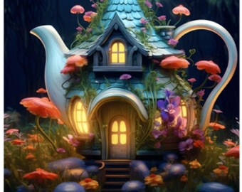 Livro de colorir com bule de chá de fadas em estilo cottagecore | Jardim fantástico em PDF para imprimir, para adultos e crianças