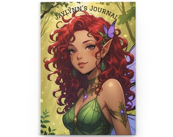 Caderno personalizado de capa dura com tema de fada ruiva da floresta | Caderno de fantasia fosco, arte de elfa