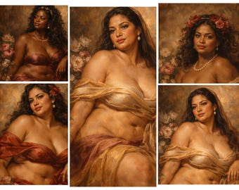 Conjunto de retratos renascentistas em estilo rubenesco, com mulher curvilínea em pintura a óleo (download digital)