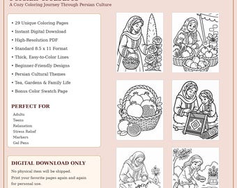 Livro de Colorir Tesouros Persas | Cultura Persa em PDF para Imprimir | Páginas para Colorir Aconchegantes para Adultos em PDF | Download Imediato