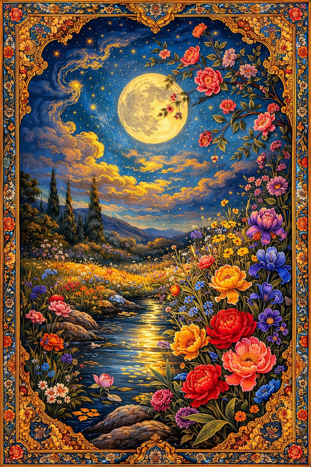 Persian Garden Wall Art Set | Moonlit Floral Landscape, Celestial ...
