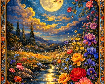 Conjunto de Arte de Parede Jardim Persa | Paisagem Floral ao Luar, Cena Botânica Celestial (Download Digital)