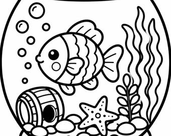 Livro de colorir aconchegante com peixes em um pote | Desenhos fofos de peixes para colorir | Livro de colorir relaxante para imprimir | Download digital instantâneo em PDF
