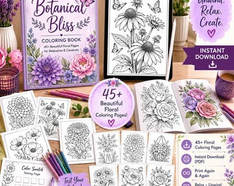 Livro de Colorir "Felicidade Botânica" para Imprimir: 45 Páginas para Colorir de Flores, Download em PDF Aconchegante para Alívio do Estresse e Relaxamento, Livro de Colorir para Adultos e Crianças
