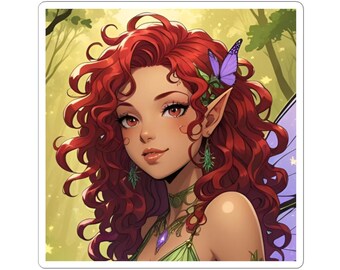 Adesivo recortado com desenho de fada ruiva da floresta | Ilustração de elfo, detalhe de borboleta, decalque de fantasia para laptops, cadernos e janelas.