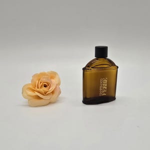 Puede incluir: Un pequeño frasco de perfume de color ámbar con una tapa negra y el texto "GIANFRANCO FERRE" impreso verticalmente. Una rosa color melocotón está a la izquierda del frasco. El fondo es blanco liso.
