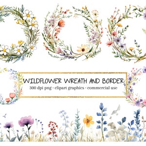 Corona de flores silvestres, paquete PNG de corona, imágenes prediseñadas de corona, corona de acuarela floral, marco de círculo PNG, monograma de corona, marco de corona de flores
