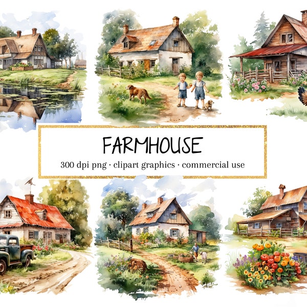Farmhouse PNG, Farm Barns Clipart, Farmhouse Clipart, Farm Clipart, Watercolor Farm Clip Art, Farmhouse Clip Art, Commercial Use