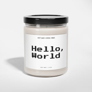 Hello, World Programming Humor Soy Wax Candle | Funny Gift for Coders + Developers | Programmer&#39;s Aromatherapy Candle | Tech Geek Home Decor