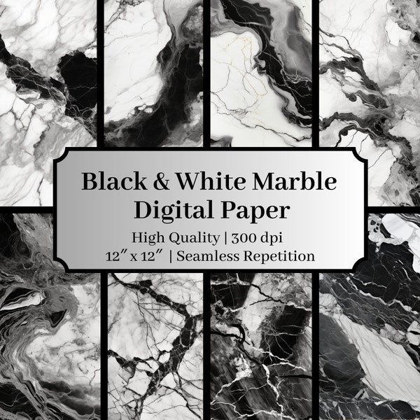 8 Black & White Marble Digital Paper Styles | Marble Texture | Marble Background | Scrapbooking, Wallpaper, Custom Designs