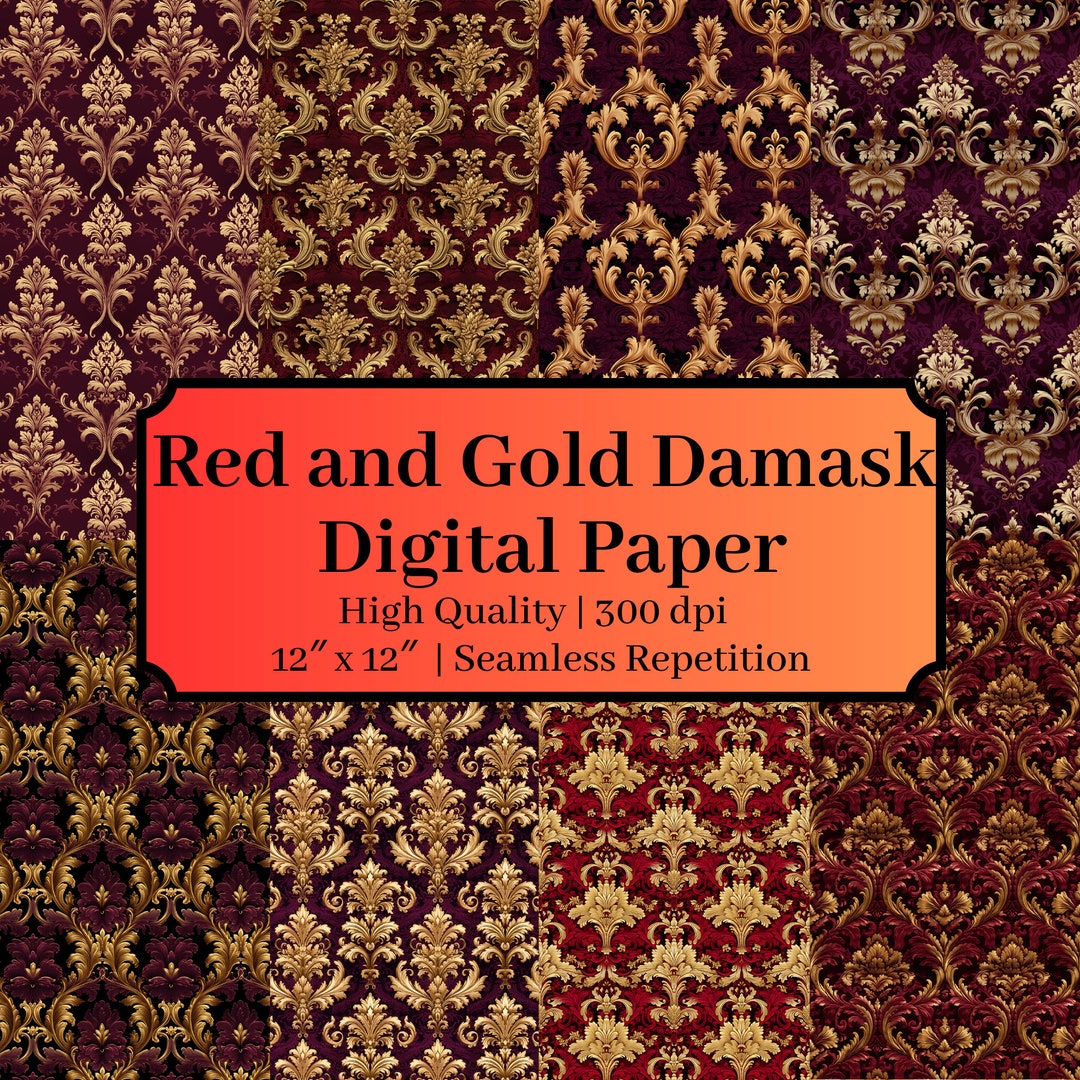 8 Red and Gold Damask Digital Paper Styles Damask Paper Etsy
