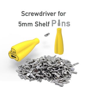 May include: A yellow screwdriver with a black "UP" label, designed for installing 5mm shelf pins. A pile of silver metal shelf pins are in the foreground.