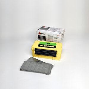 Box for STRAIGHT BRADS 18 GAUGE. 1 1/4" (32mm), 1 1/2" (38 mm), 1" (25mm), 1 3/4 (44mm). Galvanized nail organizer. Spotnails.