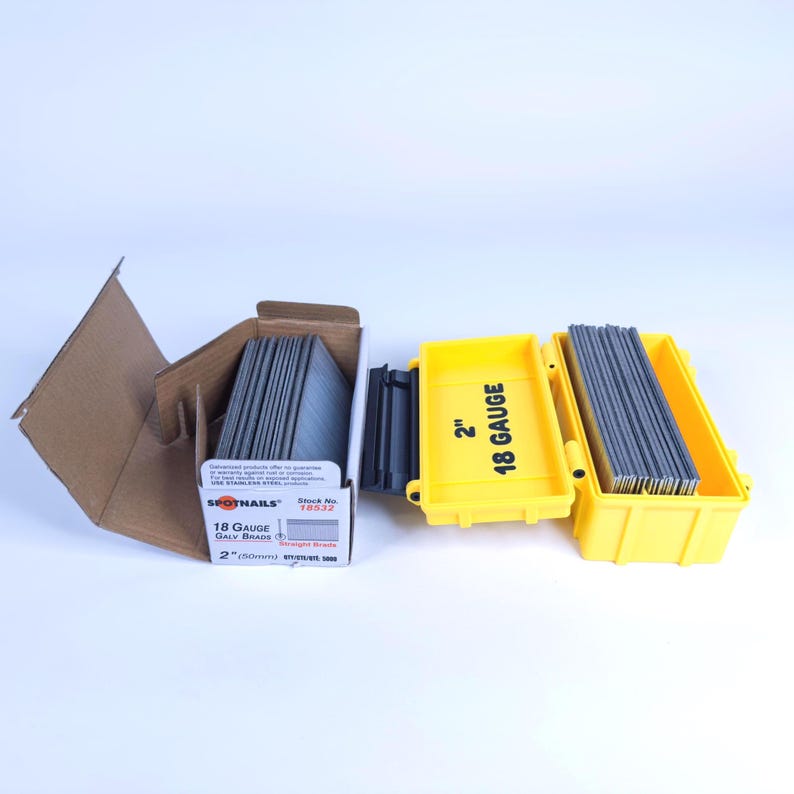Box for STRAIGHT BRADS 18 GAUGE. 2" (50 mm), 1 3/4" (44 mm), 1" (25mm), 3/4 (19 mm). Galvanized nail organizer. Spotnails. ProBrad Case. image 3