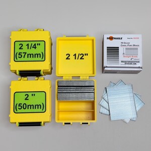 May include: Three yellow plastic boxes containing 16 gauge galvanized brad nails. The boxes are labeled with the nail sizes: 2 1/4" (57mm), 2 1/2", and 2" (50mm). A box of Spotnails 16 gauge chisel point brads is also shown.