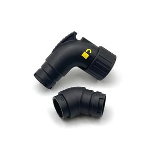 May include: Two black plastic elbow-shaped hose connectors. The larger connector features a yellow padlock icon indicating a locking mechanism, while the smaller connector has a smooth, curved design with a hollow interior and ridged ends.