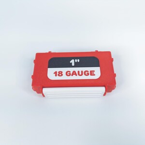 Box for STRAIGHT BRADS 18 GAUGE. 1 1/4" (32mm), 1 1/2" (38 mm), 1" (25mm), 1 3/4 (44mm). Galvanized nail organizer. Spotnails. Red