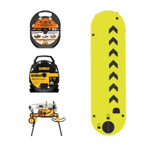 May include: A yellow table saw insert plate with black chevron patterns, a CMT 8-inch precision dado blade set in a black case, a DeWalt 8-inch dado blade set in a black case, and a yellow and black DeWalt table saw with a stand and wheels.