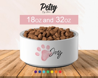 Custom pet bowl with coloured paw and name, non-slip personalised stainless steel dog and cat bowl