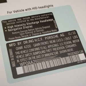 Reproduction Porsche 911 (991.1) VIN door-jamb decal.