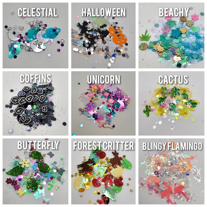 May include: Nine different types of glitter, each in a separate square. The glitter is arranged in a grid pattern. The glitter is labeled with the following themes: Celestial, Halloween, Beachy, Coffins, Unicorn, Cactus, Butterfly, Forest Critter, and Blingy Flamingo.