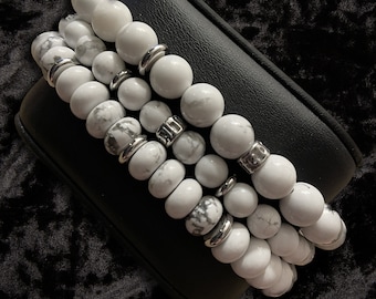 Howlite Gemstone Bracelet with Silver Accents, Unisex Gift Box