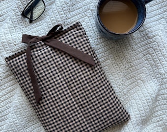 Dark Academia Bow Book Sleeve - Handmade Bow Book Cover - Black Check with Chocolate Brown Bow