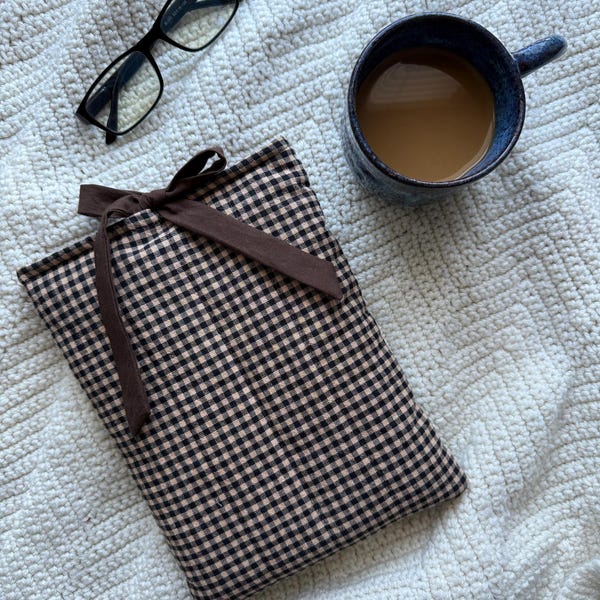 Dark Academia Bow Book Sleeve - Handmade Bow Book Cover - Black Check with Chocolate Brown Bow