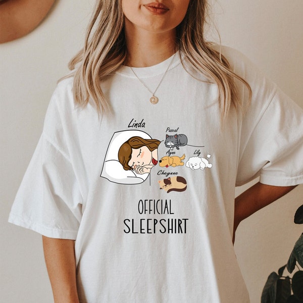 Personalized Official Sleepshirt with cats and dogs Comfort Colors Shirt,Custom cat lover gift,Cat mom gift, Birthday Gift, Mothers Day Gift