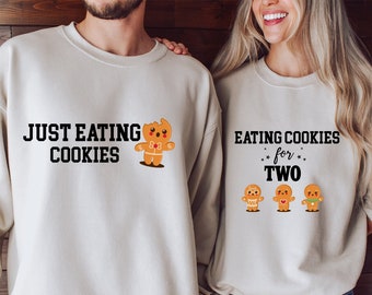 Eating Christmas Cookies For Two,Couples Christmas Pregnancy Announcement Sweatshirt,Maternity Tee,Baby Reveal Shirt,Pregnant Christmas