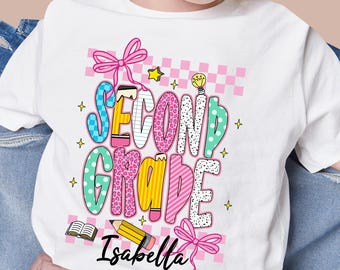 Back to School Kindergarten Shirt for Girls, Cute Pink Bow First Day of School Tee, Personalized Name School Grade Shirt,Kindergarten Outfit