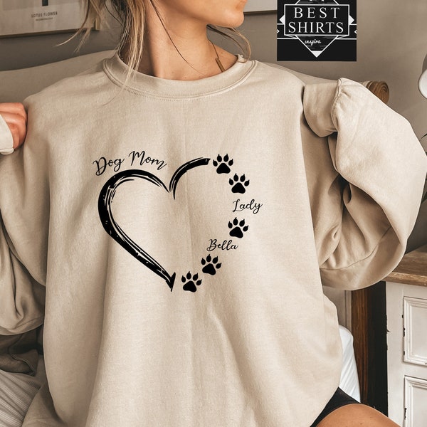 Personalized Dog Mom Sweatshirt with Names, Custom  Dog Name Hoodie, Dog Mom Gift, Gift For Dog Lover, Dog Mom Heart Sweatshirt