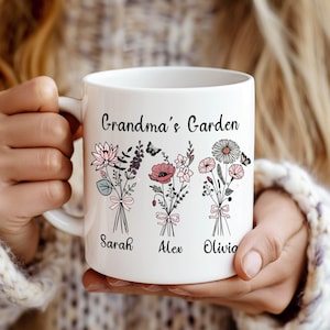 Grandma&#39;s Garden Mug, Custom Birth flower Mug, Gift for Grandma, Love Grows Here, Mom&#39;s Garden Mug, Christmas Gifts, Custom Kids Names Mug