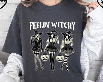 Women Halloween Comfort Colors Shirt, Vintage Feelin' Witchy Girly Shirt, Funny Witch Cute Halloween Shirt, Trendy Girly Halloween Gift