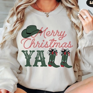 Merry Christmas Yall Crewneck Sweatshirt, Western Christmas Hoodie, Cowgirl Christmas Shirt, Ugly Christmas Crewneck, Christmas Shirt Gift