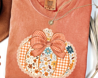 Comfort Colors® Faux Patchwork Pumpkin Shirt, Women's Cute Fall Tee, Thanksgiving Pumpkin Design, Cozy Hoodie & Sweatshirt, Autumn Gift