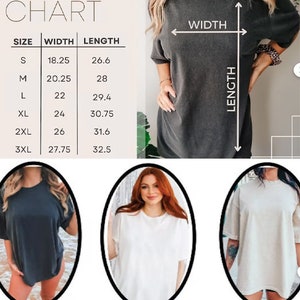 May include: Oversized t-shirt in pepper, white, and ivory. The image includes a size chart with measurements in inches for width and length. The chart shows sizes S to 3XL, with widths ranging from 18.25 to 27.75 inches and lengths from 26.6 to 32.5 inches.