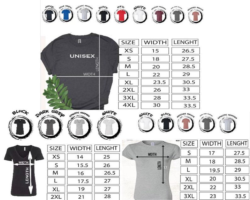 Puede incluir: Una camiseta unisex gris oscuro con medidas de talla, ancho y largo. Se muestran camisetas adicionales en negro, gris oscuro, blanco y otros colores. Tambi&eacute;n se incluyen tablas de tallas para diferentes estilos de camisa.
