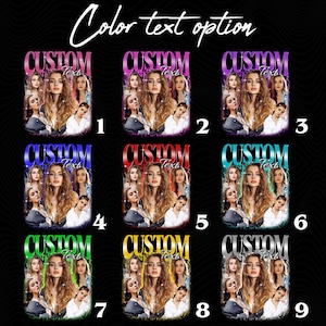 Puede incluir: Nueve opciones de dise&ntilde;o personalizadas se muestran sobre un fondo negro. Cada dise&ntilde;o presenta un retrato central de una mujer rodeada de otras mujeres. La palabra "CUSTOM" est&aacute; encima del texto "Text" en cada dise&ntilde;o. El texto "Color text option" est&aacute; en la parte superior.